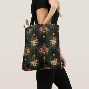 Tote Bag Belles Poinsettias rouges et blanches avec ornemen