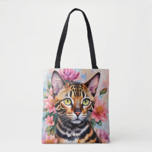 Tote Bag Bengale Chat Aquarelle Art Floral