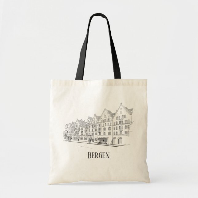 Tote Bag Bergen Norvège Streetscape Belle ligne de dessin (Devant)