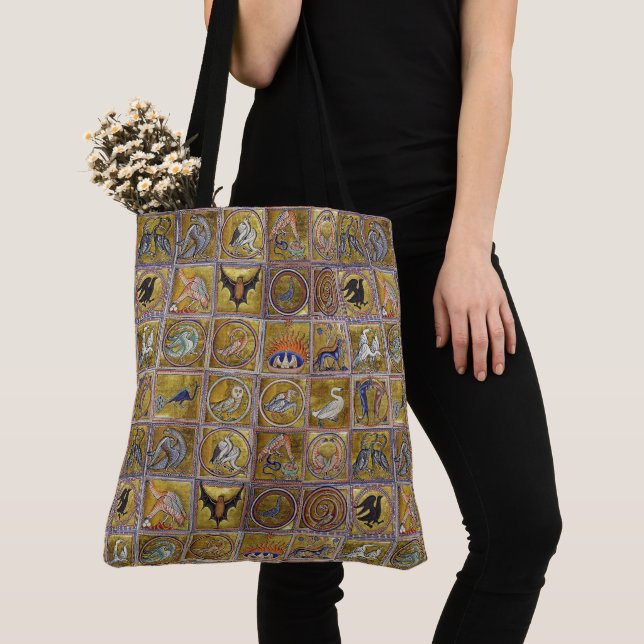 TOTE BAG BESTIAIRE MÉDIÉVAL, ANIMAUX FANTASTIQUES, ROUGE D' (De près)