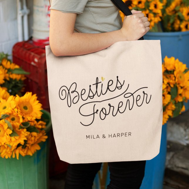 Tote Bag Besties Script moderne Gold Heart Noms personnalis (Créateur téléchargé)