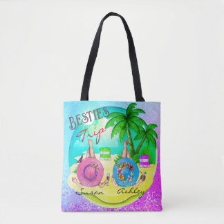 Tote Bag Besties voyage été plage bleu personnalisé