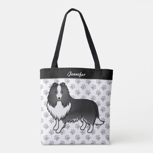 Tote Bag Bi-Black Shetland Sheepdog Dessin et nom (Dos)