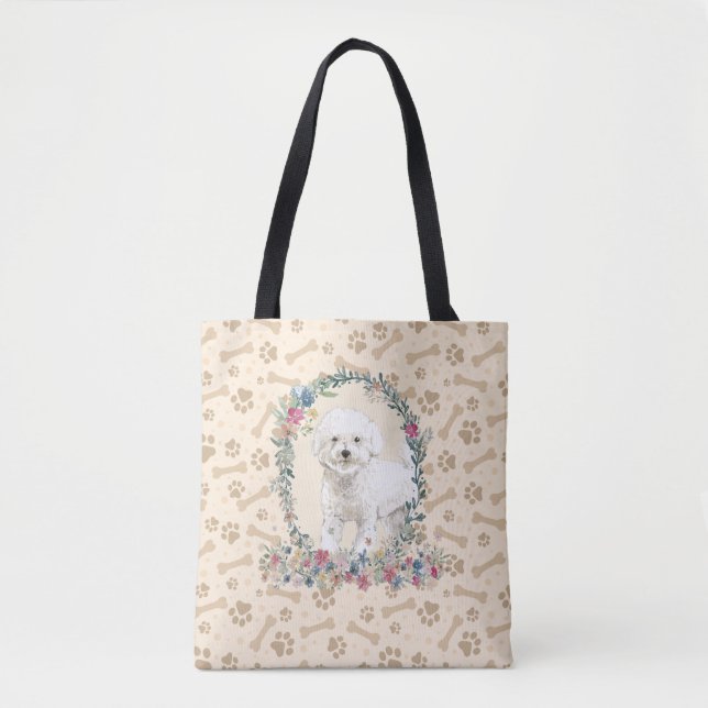 Tote Bag Bichon Frise Chien Empreinte de patte & Chien Bone (Devant)