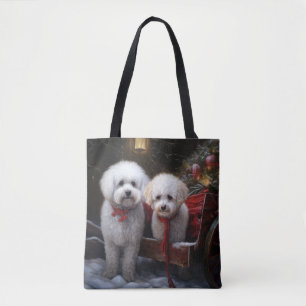 Tote Bag Bichon frisé enneigé traîneau décoration de Noël