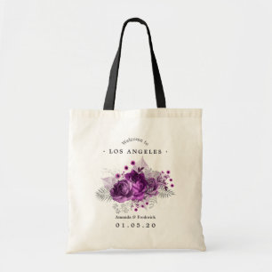Tote Bag Bienvenue au mariage floral aquarelle prune et arg