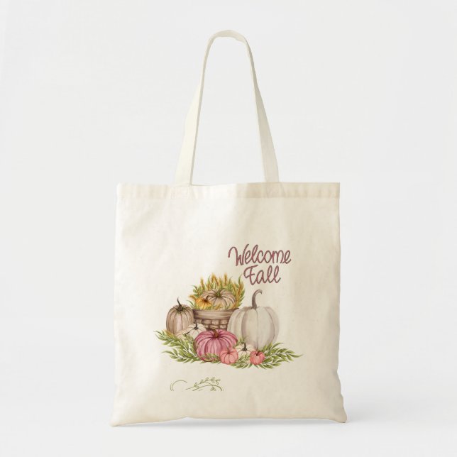 Tote Bag Bienvenue Citrouilles blancs rose automne (Devant)