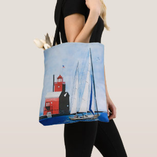 Tote Bag Big Red Michigan Lighthouse and Sailboat Peinture