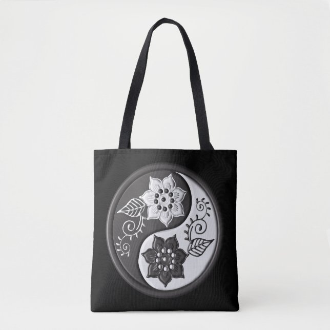 Tote Bag Black and Silver Floral Yin Yang (Devant)