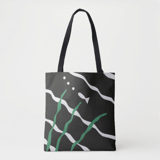 Tote Bag Black and White Fish with bubbles and seaweed (Devant)