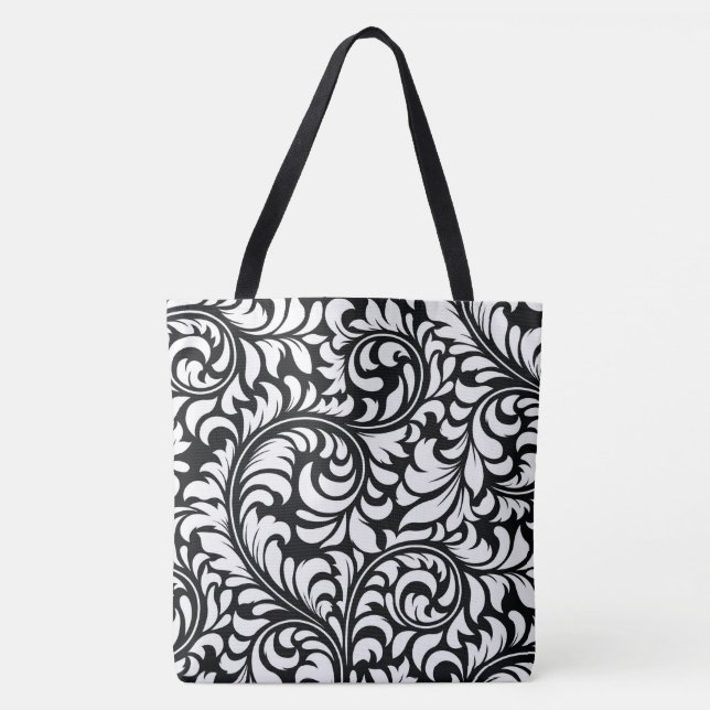 Tote Bag Black and White Floral Damask Imprimer Fourre-tout (Devant)