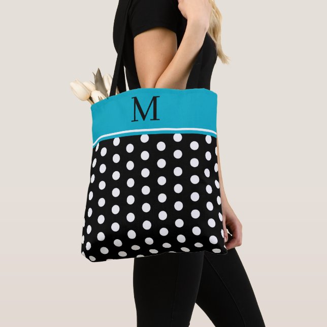 Tote Bag Black and White Polka Dot With Azure Blue Monogram (De près)
