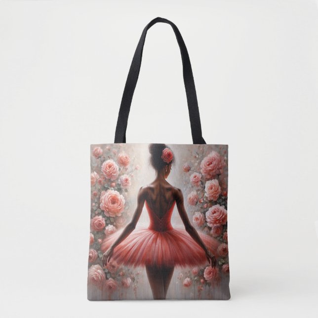 Tote Bag Black Ballerina in Red Tutu with Roses Afrocentric (Devant)