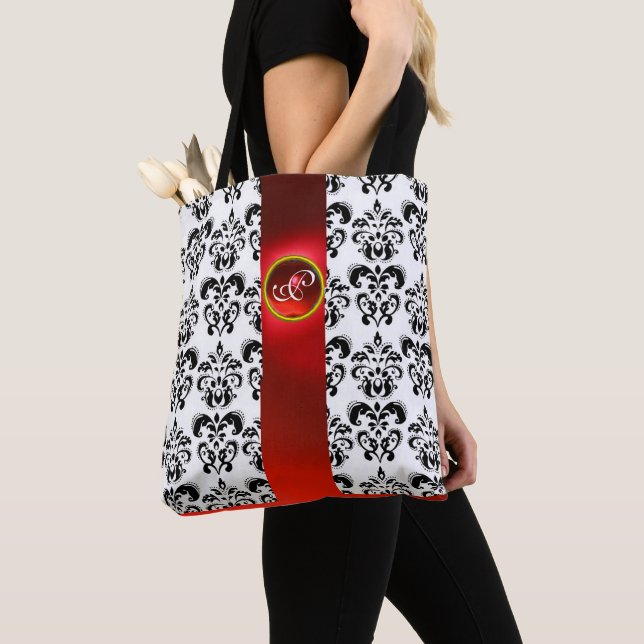 TOTE BAG BLACK BLANC DOMMASK FLORAL, MONOGRAMME DE PIERRE R (De près)