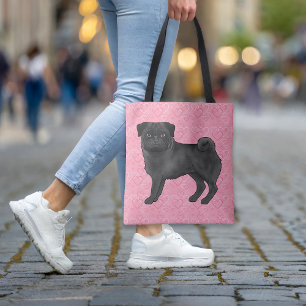 Tote Bag Black Carlin Chien Cartoon Mops Pink Love Motif de