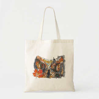 Tote Bag Black Cat Village Road Halloween Watercolor
