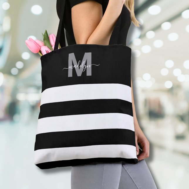 Tote Bag Black Chic Stripes Nom Monogramme (Black Chic Stripes Name Monogrammed Tote Bag )