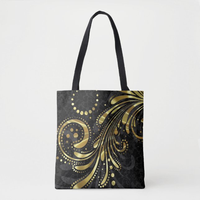 Tote Bag Black Floral Damask Et Gold Swirl (Devant)