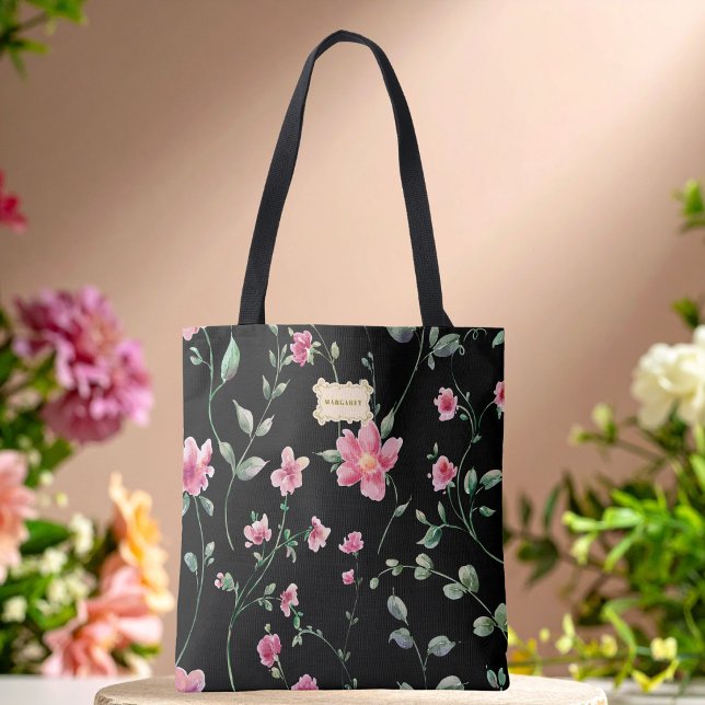 Tote Bag Black Floral pink Flowers pattern Trendy Classic (Créateur téléchargé)