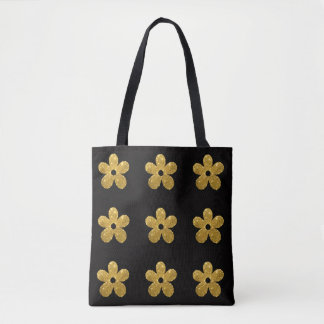 Tote Bag Black & Glittering Gold Flowers 