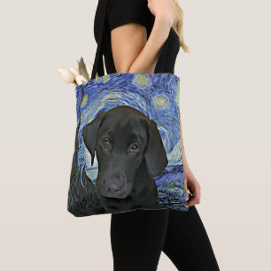 Tote Bag Black Lab Puppy Starry Night Van Gogh Inspiré 