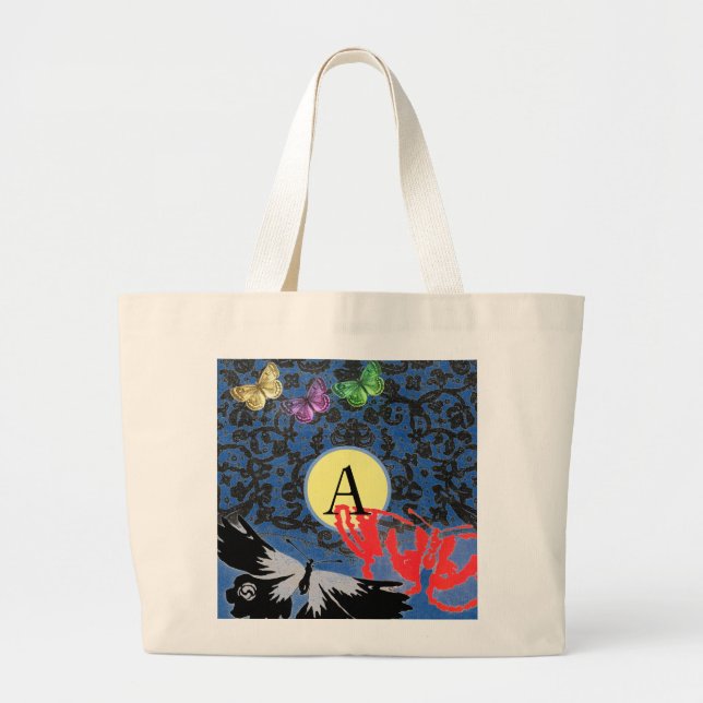 Tote Bag BLACK LACE CUSTOM INITIAL AND BUTTERFLIES (Front)