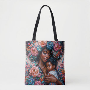 Tote Bag Black Mother and Child Floral Portrait Art