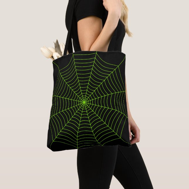Tote Bag Black neon vert toile d'araignée Halloween motif (De près)