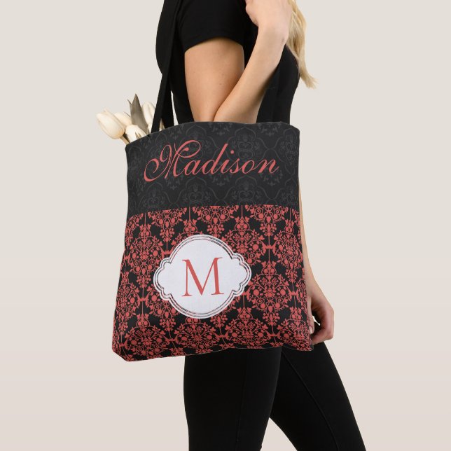 Tote Bag Black Red Damask Girly Tendance Monogramme initial (De près)