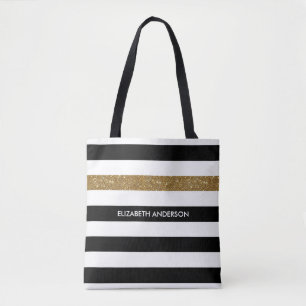 Tote Bag Black Stripes FAUX Gold Glitz et Nom
