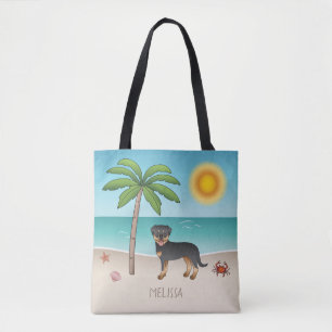 Tote Bag Black & Tan Rottweiler À Une Plage Tropicale D'Été
