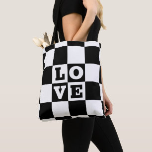 Tote Bag Black White Checker LOVE