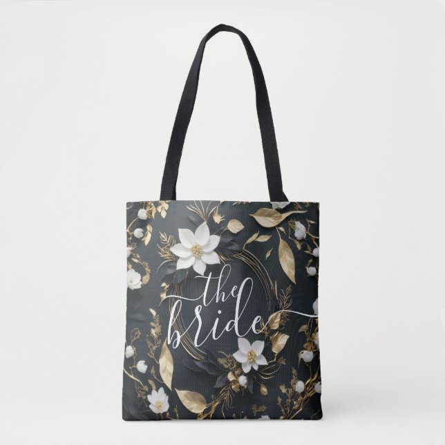 Tote Bag Black White & Gold Floral Wreath Mariage The Bride (Devant)