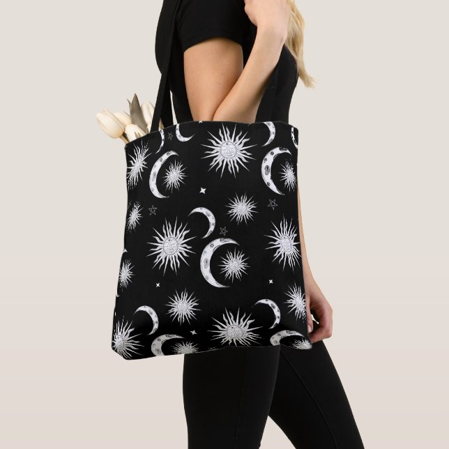 Tote Bag Black & White Sun Moon Stars Astrologie céleste (De près)