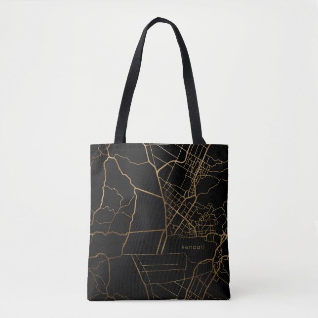Tote Bag Black with Gold Look Map Ajouter un nom (Devant)
