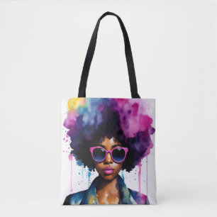 Tote Bag Black Woman Afra Cheveux et lunettes de soleil Rai