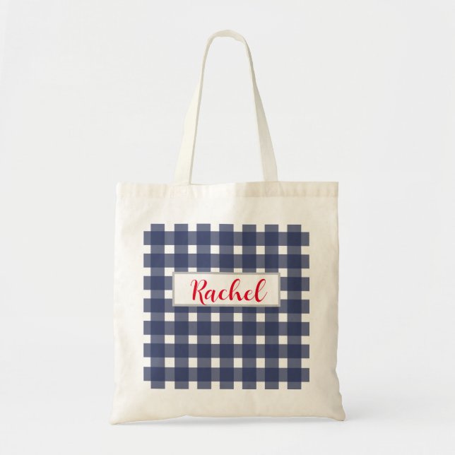 Tote Bag Blanc bleu En vichy personnalisé (Devant)