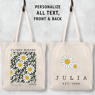 Tote Bag Blanc Fleur de marguerite Florale Avril Fleur de n