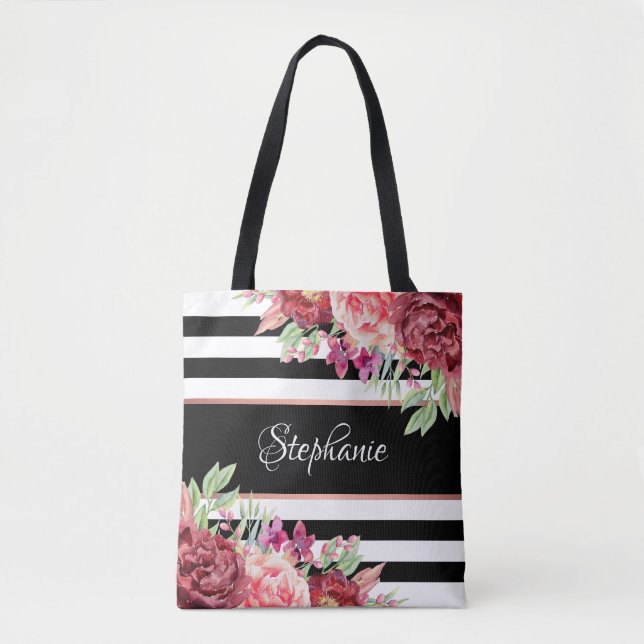 Tote Bag Blanc Noir Grille Moderne Floral Personnalisé (Devant)