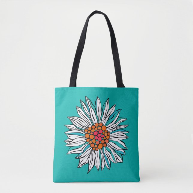 Tote Bag Blanc Turquoise Jaune Orange Rouge Fleurs margueri (Devant)