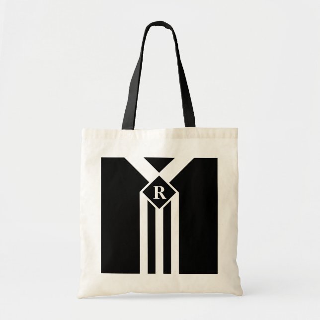 Tote Bag Blancs et Chevrons sur Noir avec Monogramme (Devant)