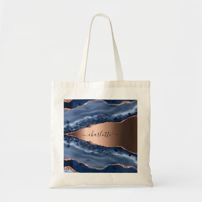 Tote Bag Bleu agate marbre rose or nom script (Devant)