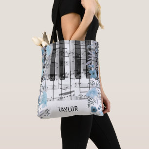 Tote Bag bleu aquarelle fleurs musique notes piano