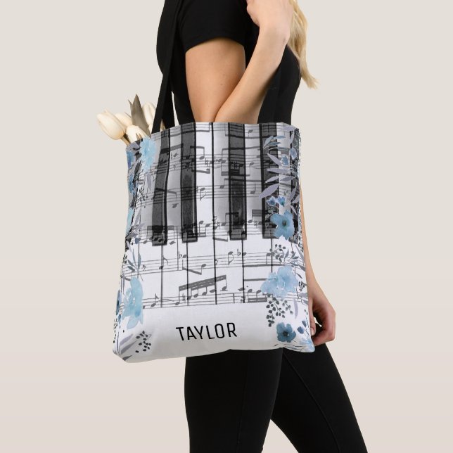 Tote Bag bleu aquarelle fleurs musique notes piano (De près)