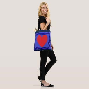 Tote Bag Bleu avec coeur rouge et frontière d'art grand sho