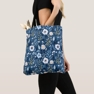 Tote Bag Bleu avec des fleurs blanches et jaunes jolies