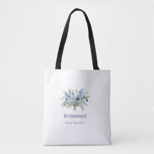 Tote Bag bleu blanc floral demoiselle d'honneur nom violet