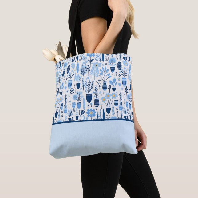 Tote Bag Bleu, Blanc, Plante de conteneur Jaune, Bloc de co (De près)