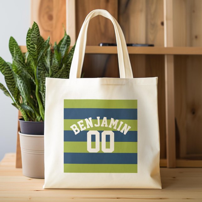 Tote Bag Bleu de la Marine et Graines de Rugby Vert Nom Num (Custom Tote Bag)