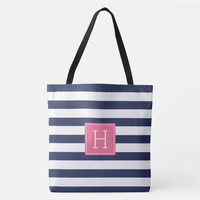 Tote Bag Bleu de marine et monogramme rose (Devant)